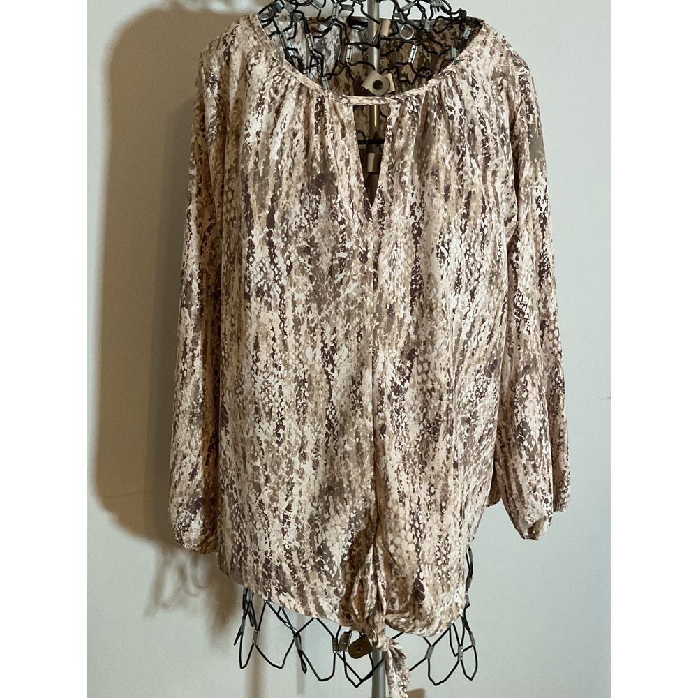 West Kei Tan Brown Snakeskin Print Tie Front‎ Keyhole Blouse Large